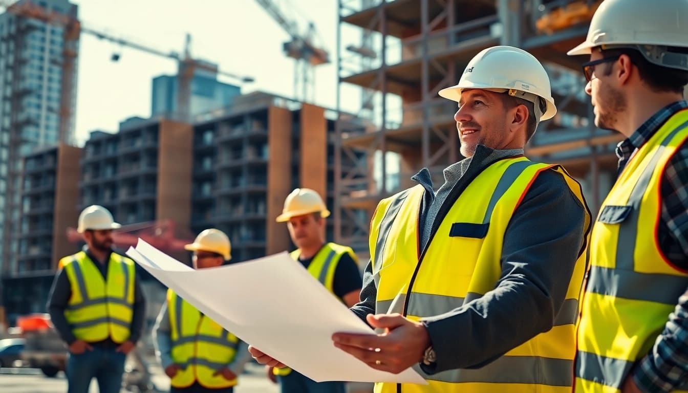 New York Construction Manager collaborating with his team on-site, planning construction projects.