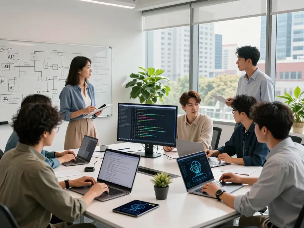 Developers collaborating on mind control AI technology in a modern workspace