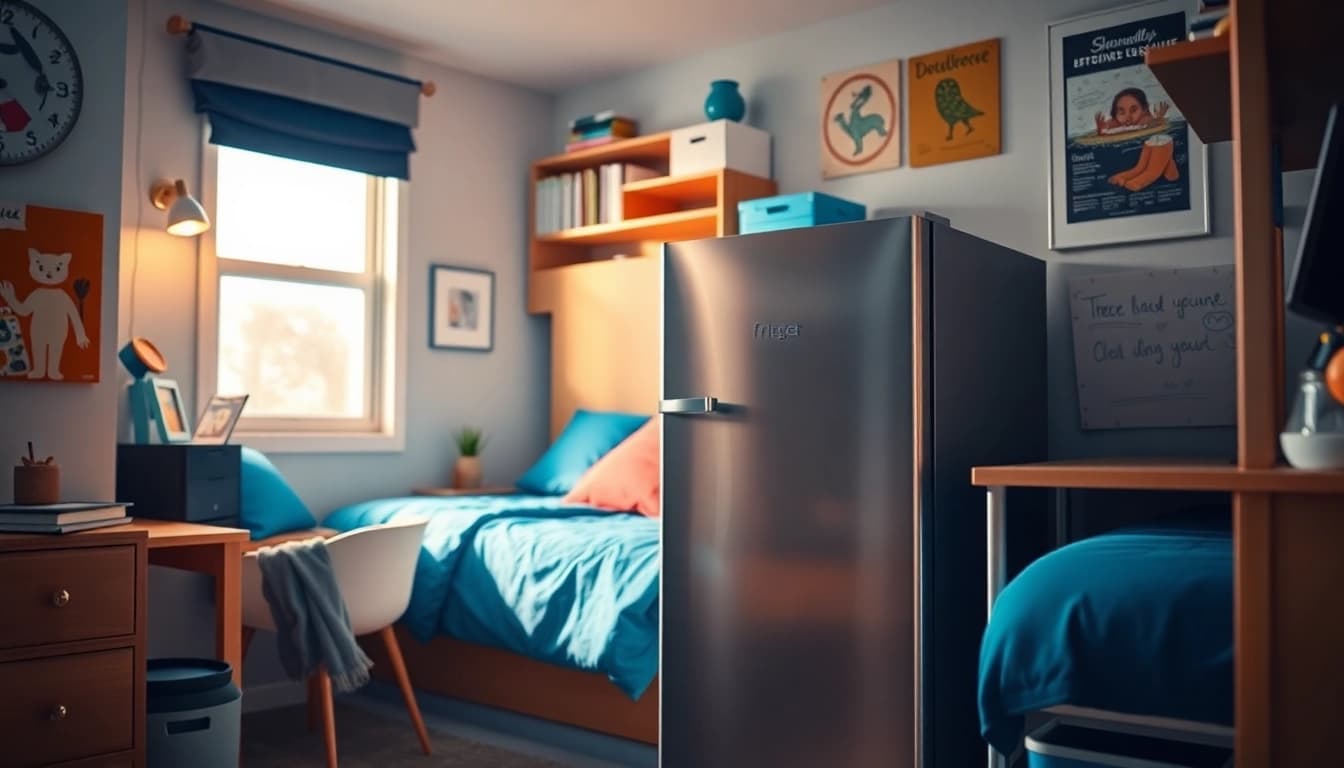 Smart dorm room fridge nestled in a stylish dormitory corner, enhancing student life.
