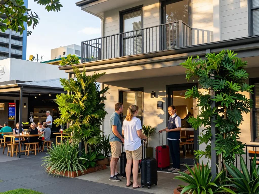 Airbnb management Brisbane with guests checking in at a vibrant city property, showcasing local hospitality and charm.