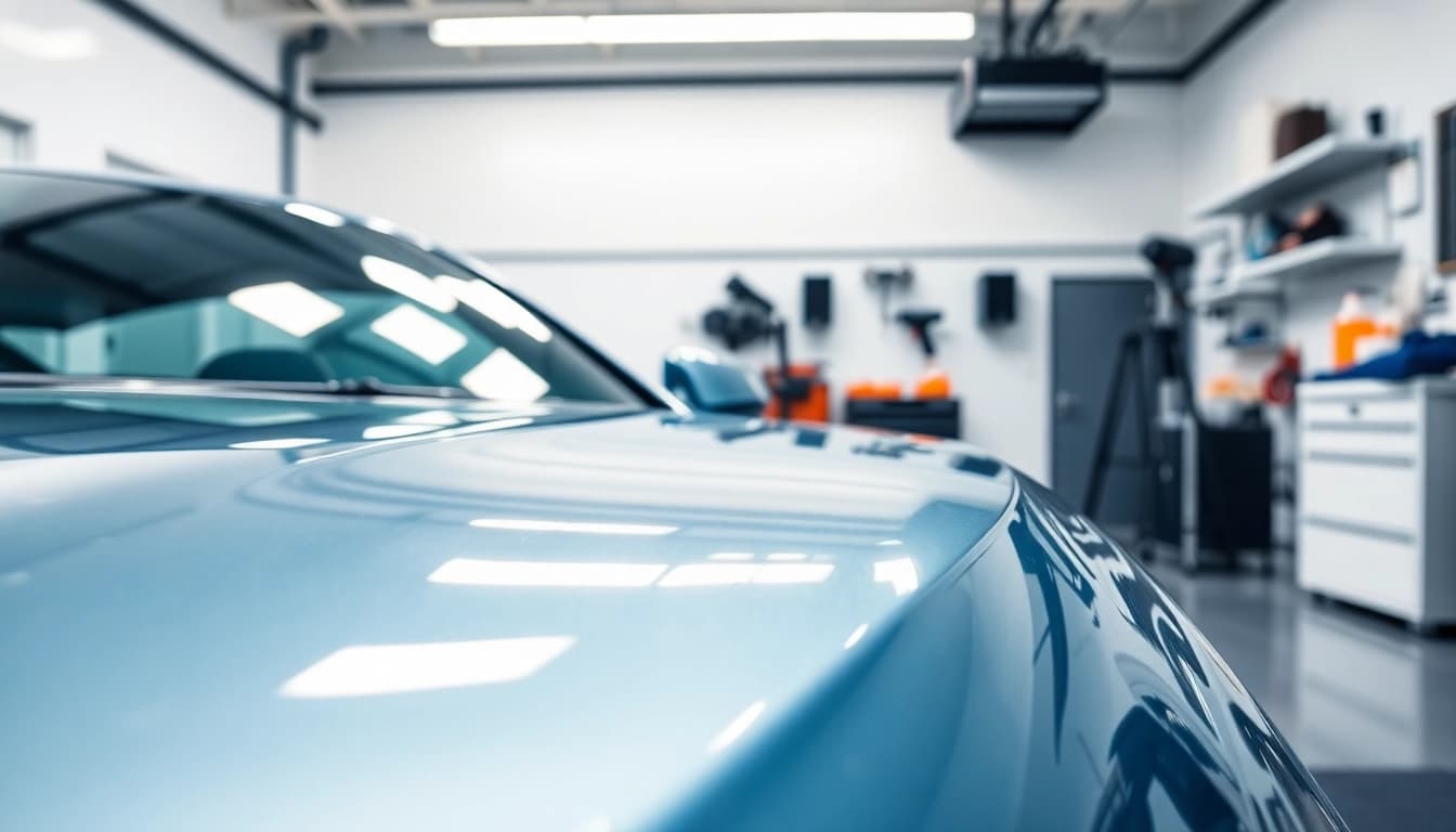 Enhancing vehicle shine with salt protection ceramic coating in professional detailing setup.