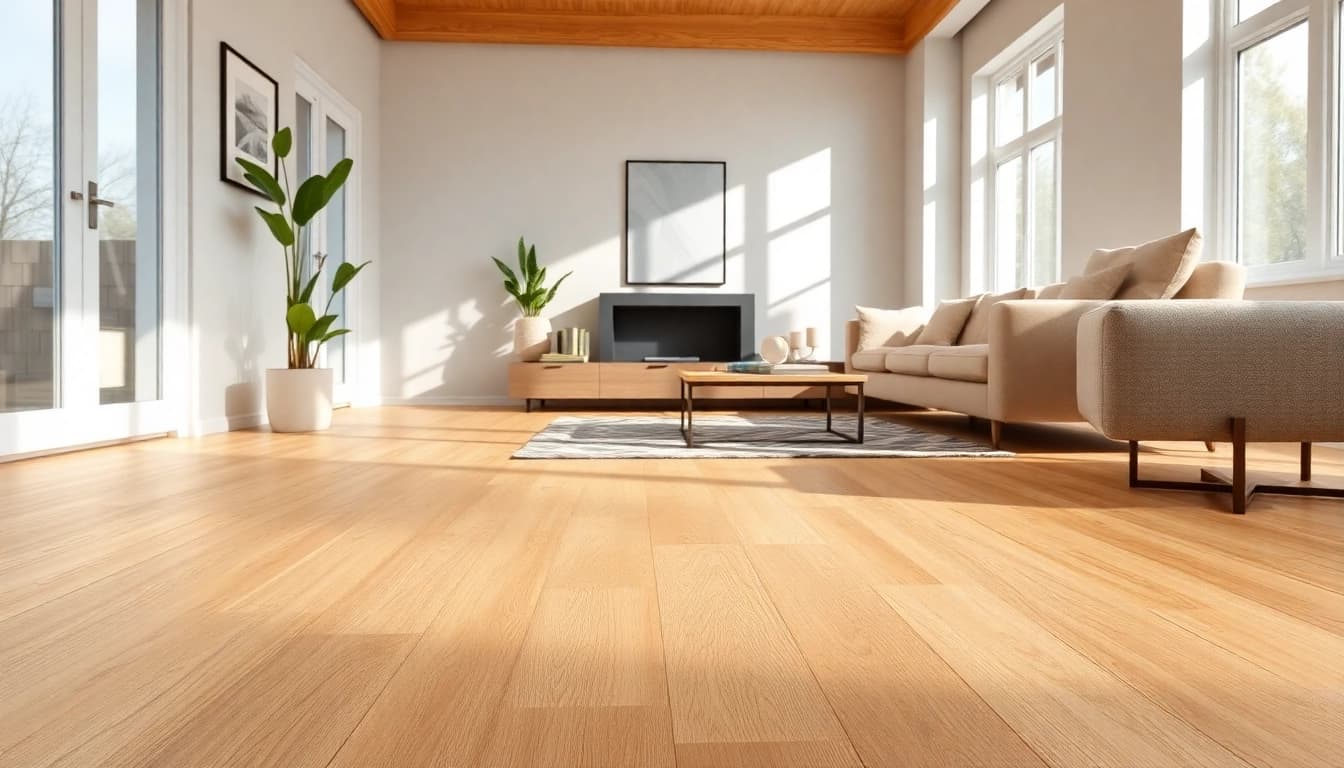 Showcasing waterproof vinyl flooring in a bright home environment with warm sand tones.