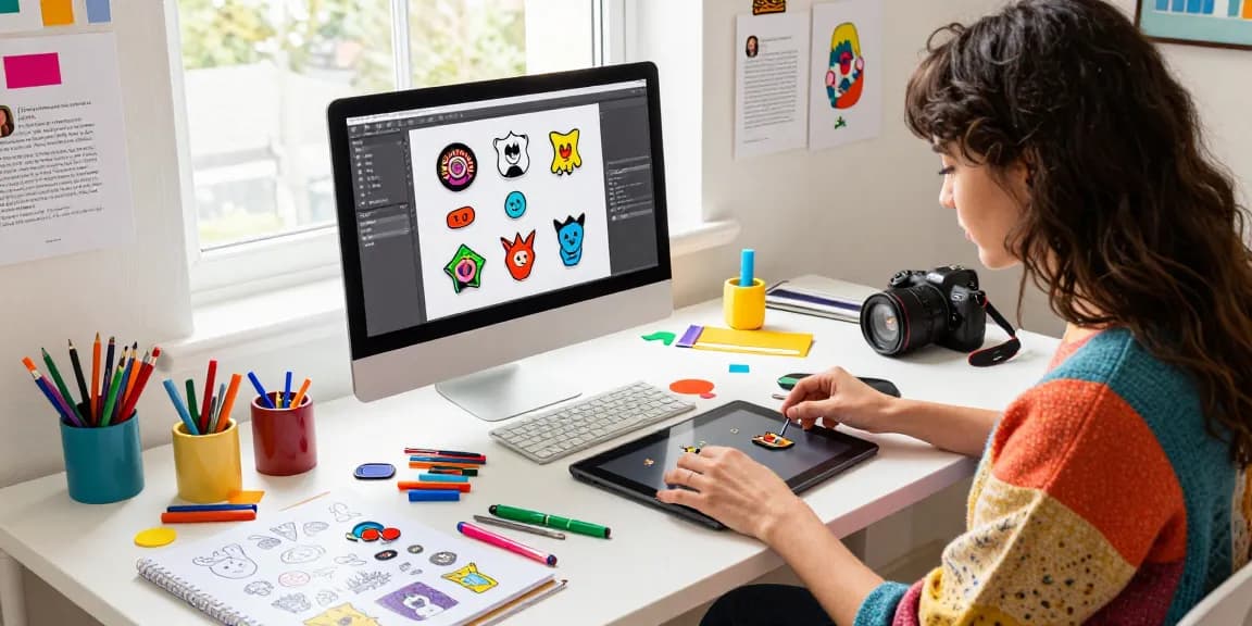 Designer crafting unique acrylic pins in a bright workspace filled with design tools.