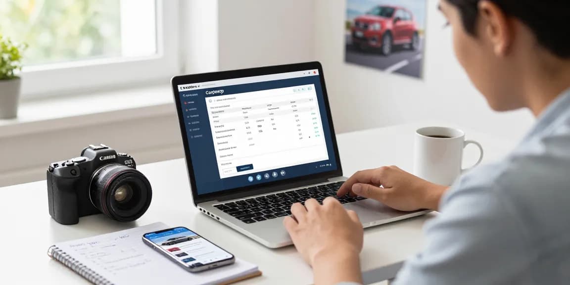 Checking the best car history check UK with Carpeep in a modern home office.