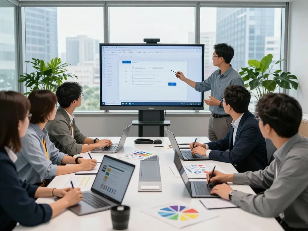 Collaborative team meeting using wps官网 in an innovative office setting.