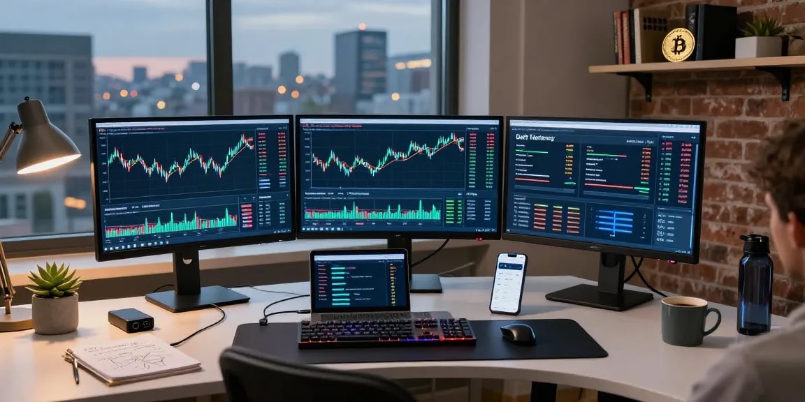 Recuperación de estafa en línea con análisis de criptomonedas en un espacio de trabajo moderno.
