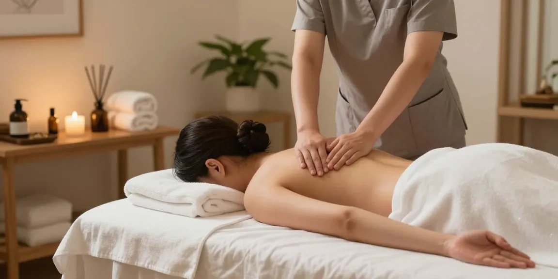 Client enjoying 안산출장마사지 in tranquil spa setting with soothing elements.