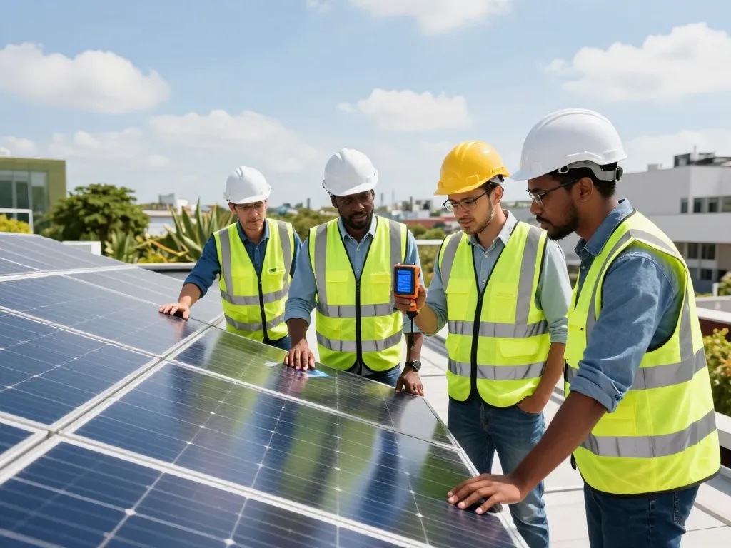 Professionals discussing the CO2-Fußabdruck von PV-Modulen at a solar panel installation on a rooftop with green surroundings.