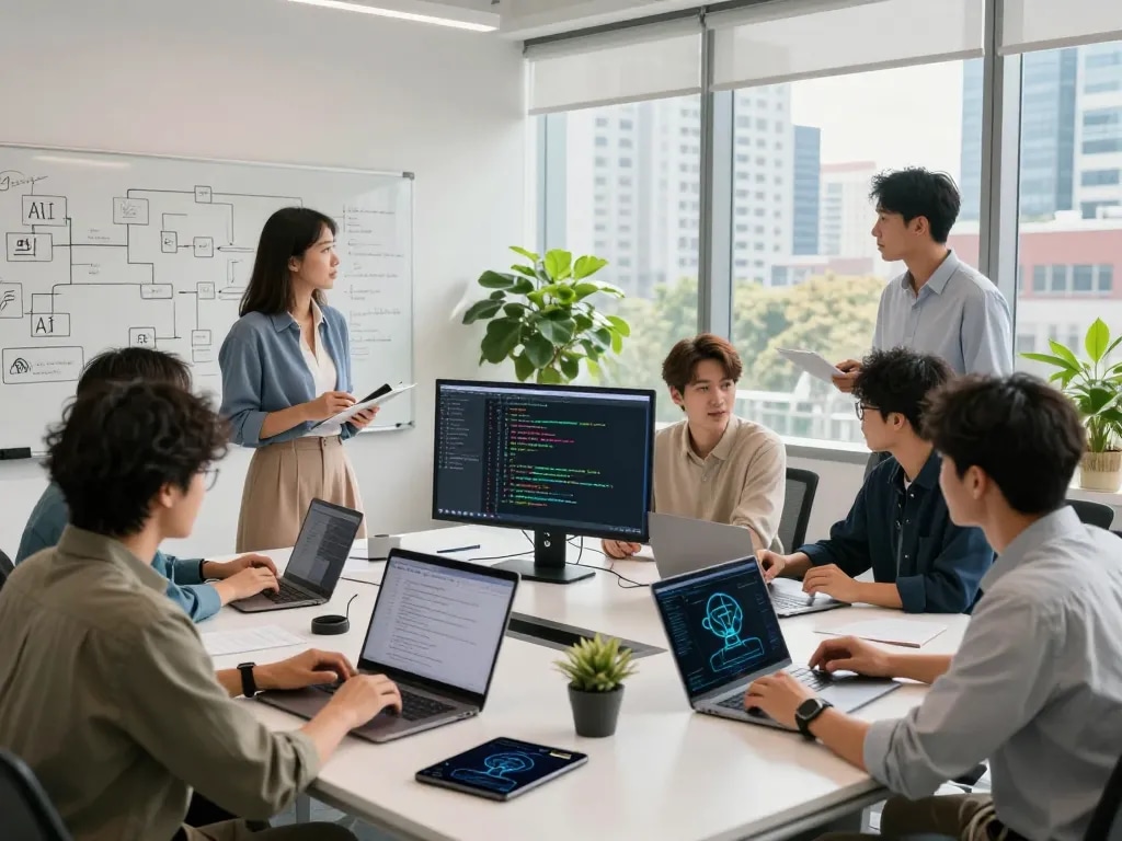 Developers collaborating on mind control AI technology in a modern workspace