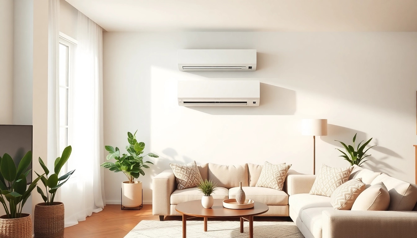 Installing a Mitsubishi mini split AC in a stylish living room for optimal comfort.