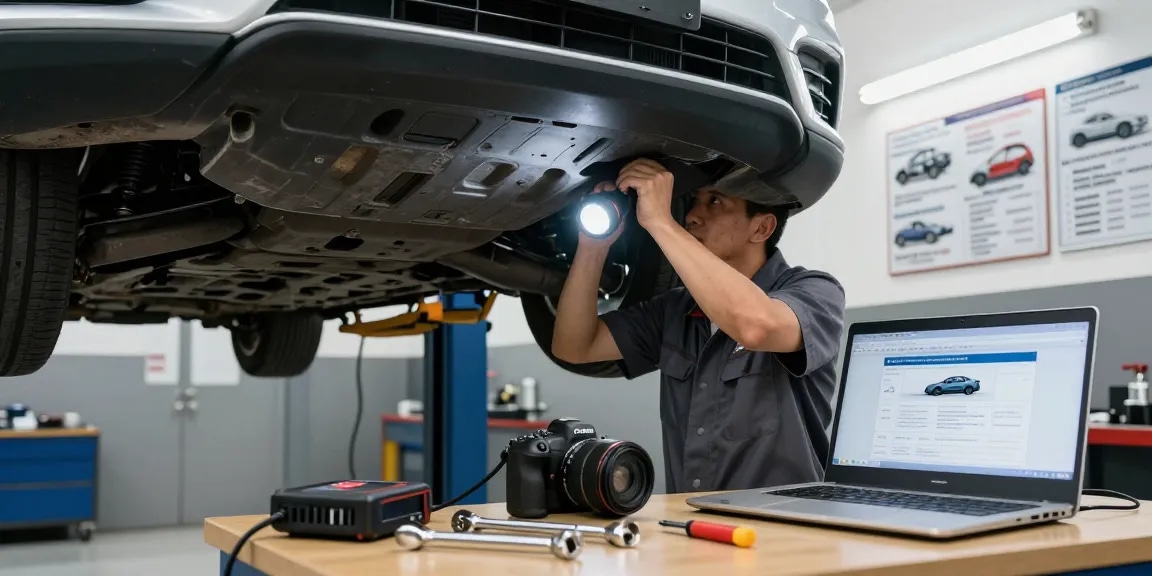 Inspecting a car in a garage for the best car history check UK before purchase