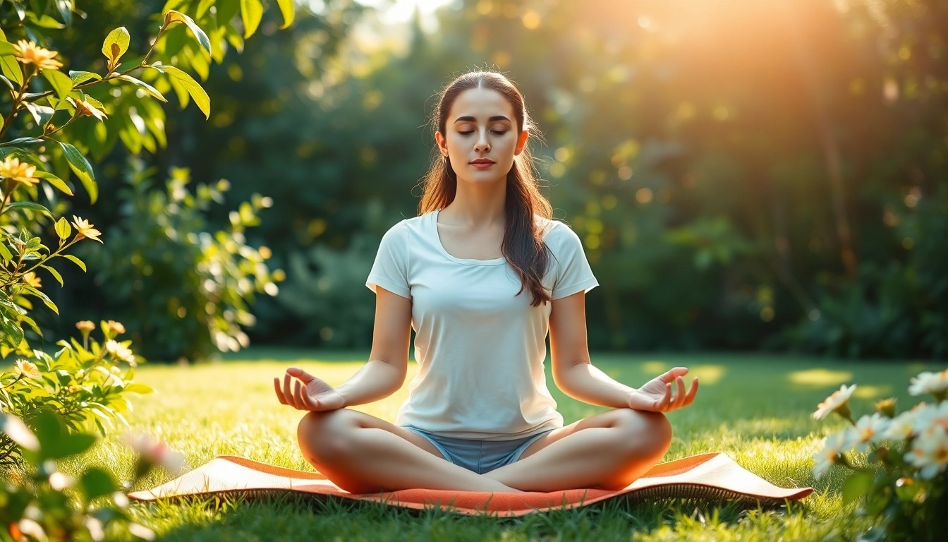 Meditating woman in tranquil garden embodies mental wellness through serene surroundings and natural light.