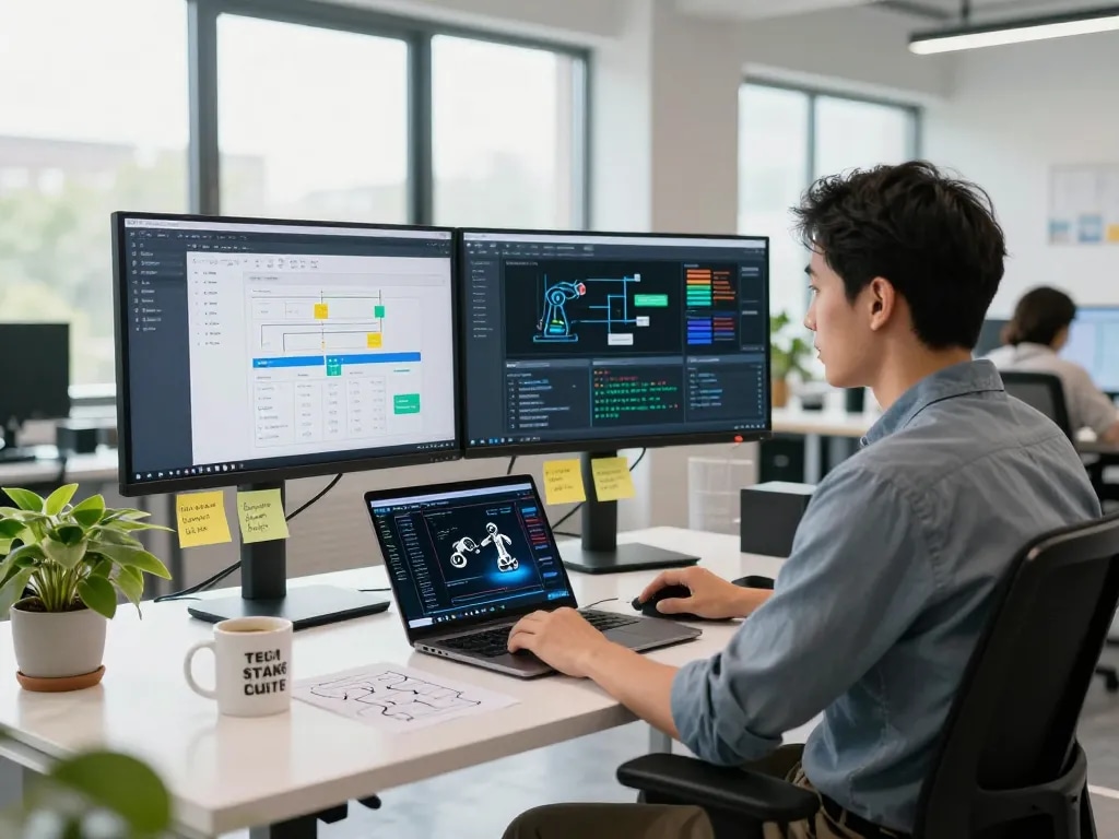 Lead developer showcasing zapier-based automation workflows in a modern tech workspace.
