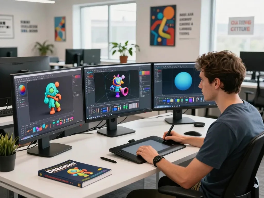 Creating stunning 3D models from text prompts in a vibrant tech workspace