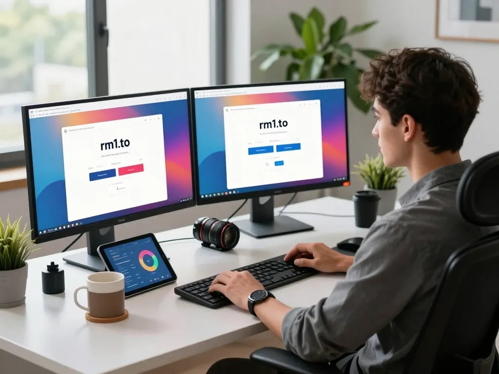 Professional user logging into the rm1.to platform on dual monitors, showcasing a modern tech workspace.