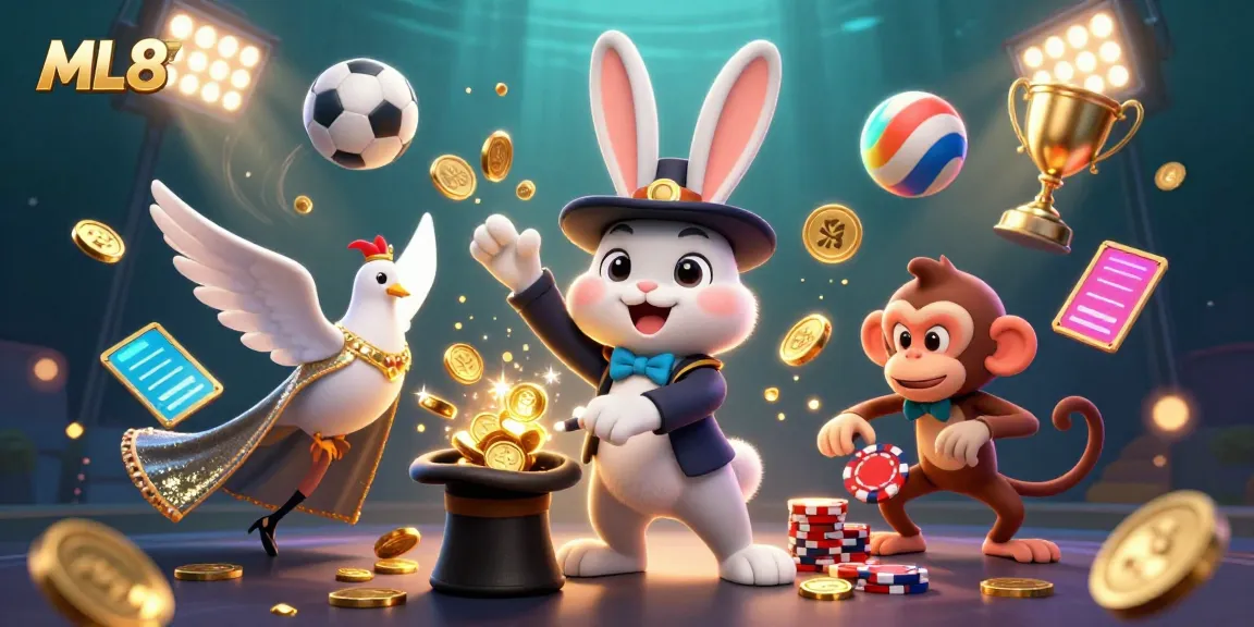 Experience the magic of ML88 with a 3D illustration of a magician rabbit and friends, immersed in an exciting gaming scene.