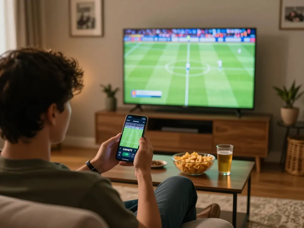 Person using CakhiaTV for live sports betting, surrounded by snacks in a cozy environment.