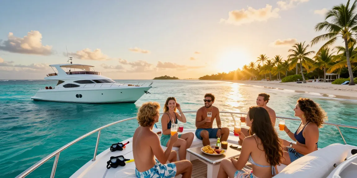 Punta Cana yacht rental with friends enjoying drinks on a private yacht at sunset, surrounded by snorkeling gear and tropical scenery.