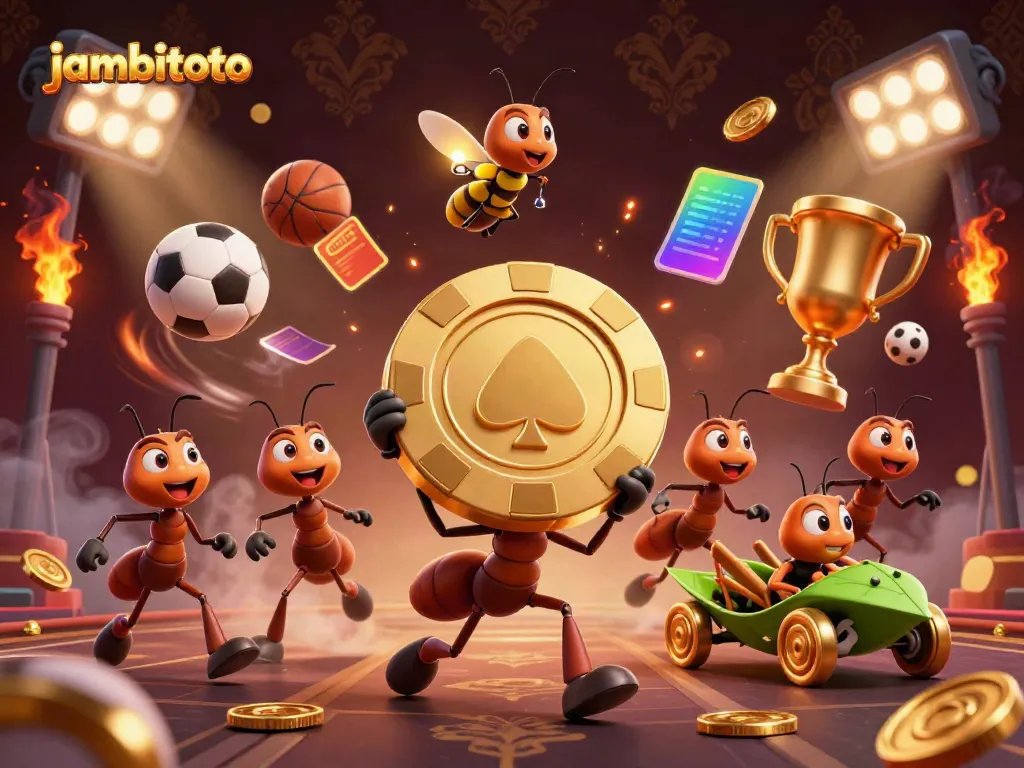 Team of ants transporting a giant poker chip in a vibrant jambitoto-themed heist scene.