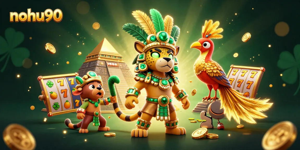 Nohu90 jackpot experience featuring vibrant Mayan priest and quetzal bird among casino elements.