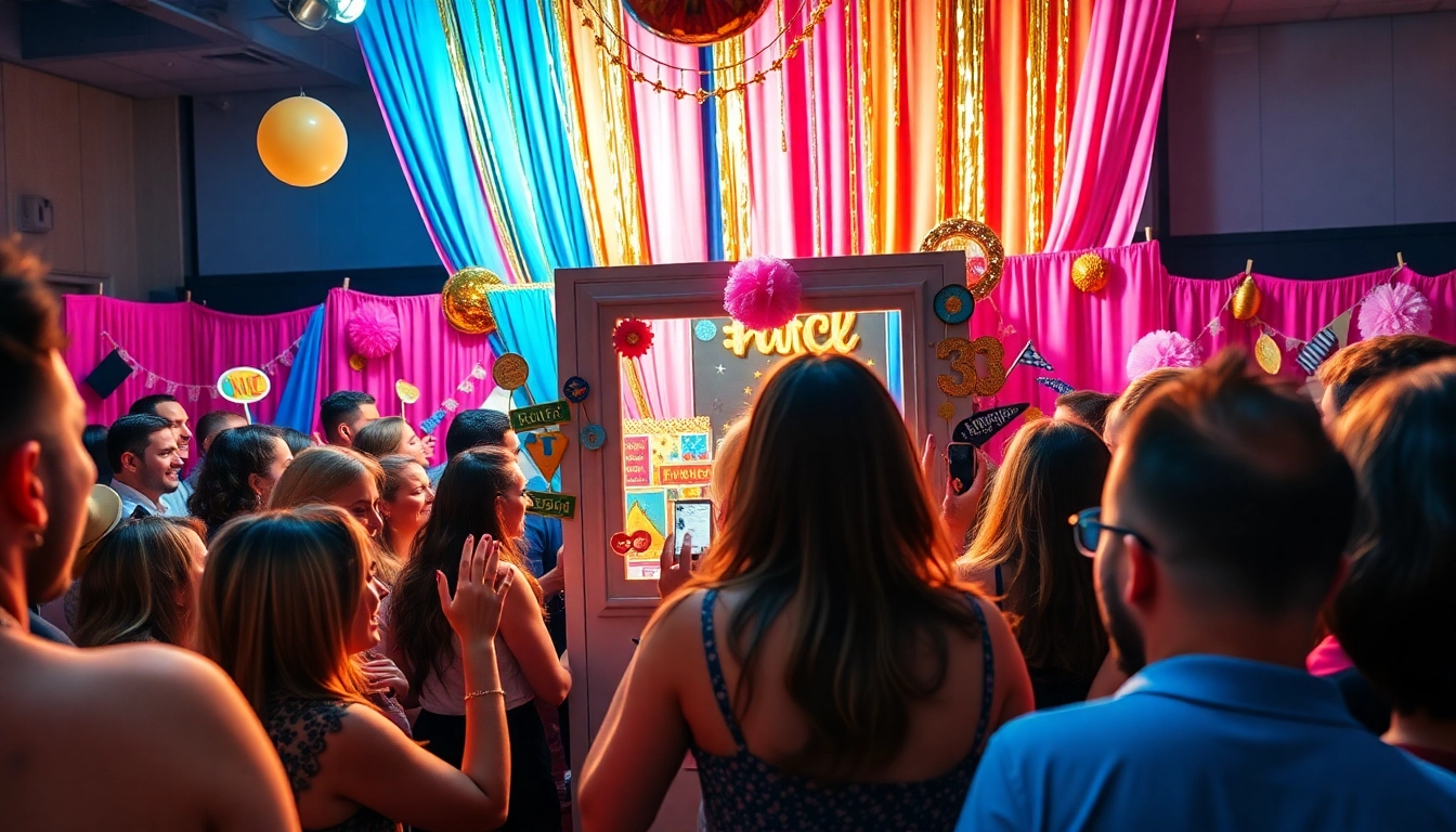 Capture fun moments with a vibrant photo booth rental, featuring joyous guests and colorful props.