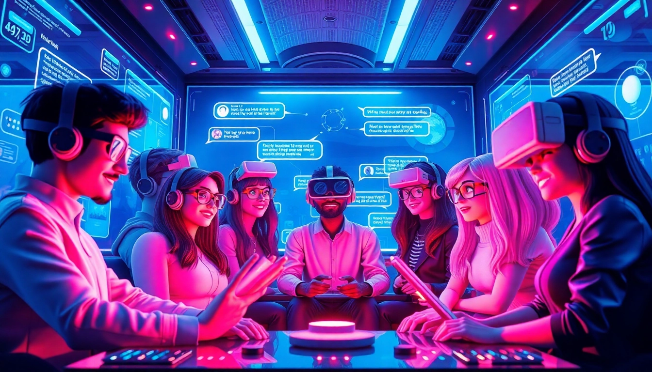 Explore a vibrant AI chat room scene, capturing the essence of crush on ai with animated characters and high-tech interfaces.