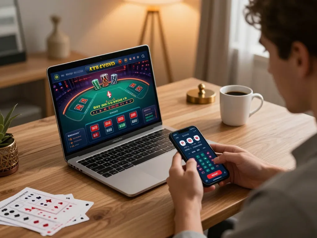 Engaging online blackjack gameplay on lc88.it.com with a player tracking their betting strategy at home.
