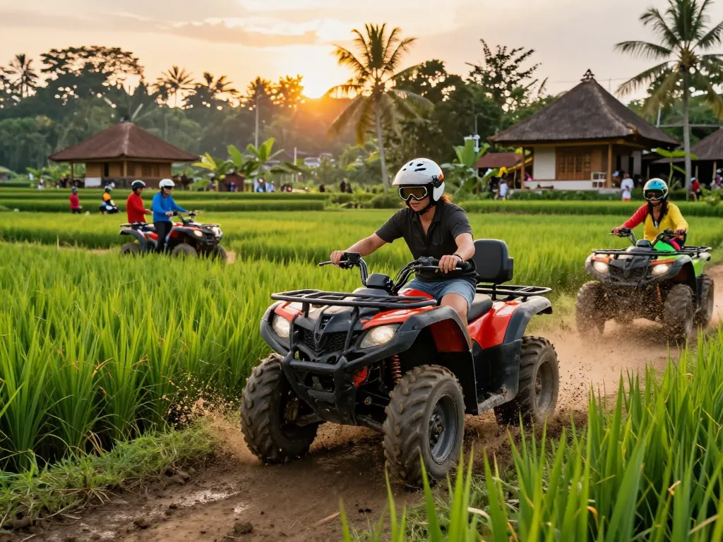 Bali tour featuring traveler on an ATV adventure through lush jungles and rice fields.
