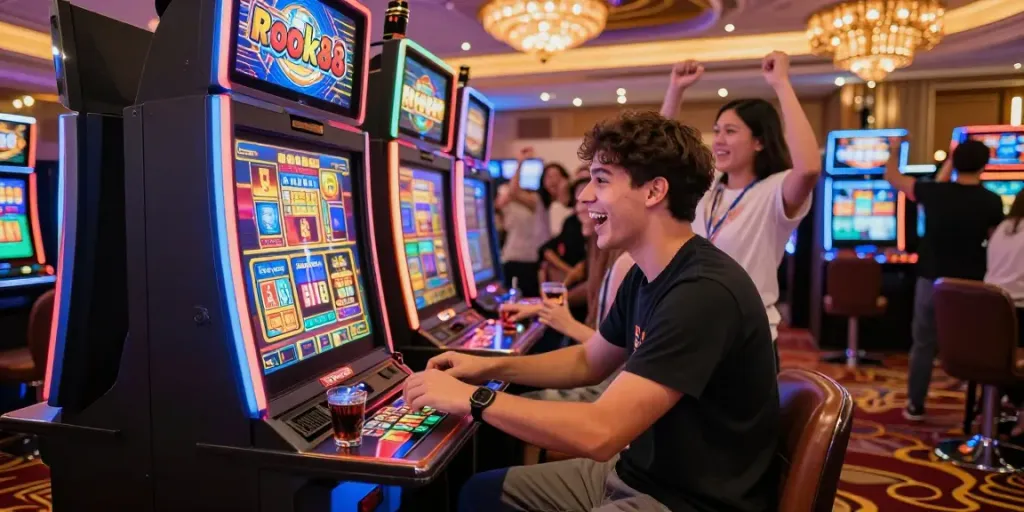 Rokok88 slot machine gaming experience with friends in a lively casino atmosphere.