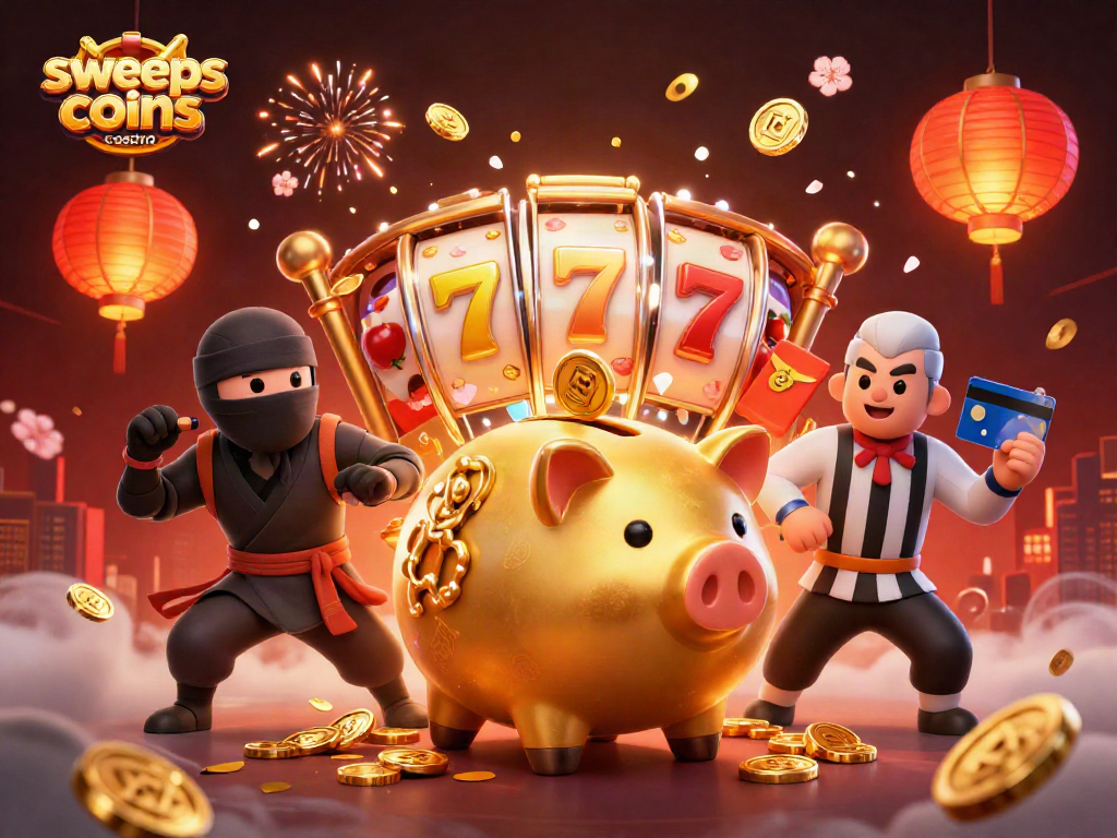 Engaging illustration depicting a vibrant sweeps coins casino scene with golden piggy bank and dynamic elements.
