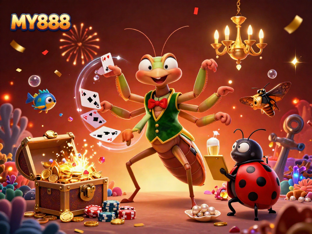Experience the excitement of MY888 with a vibrant 3D scene showcasing thrilling gaming elements.