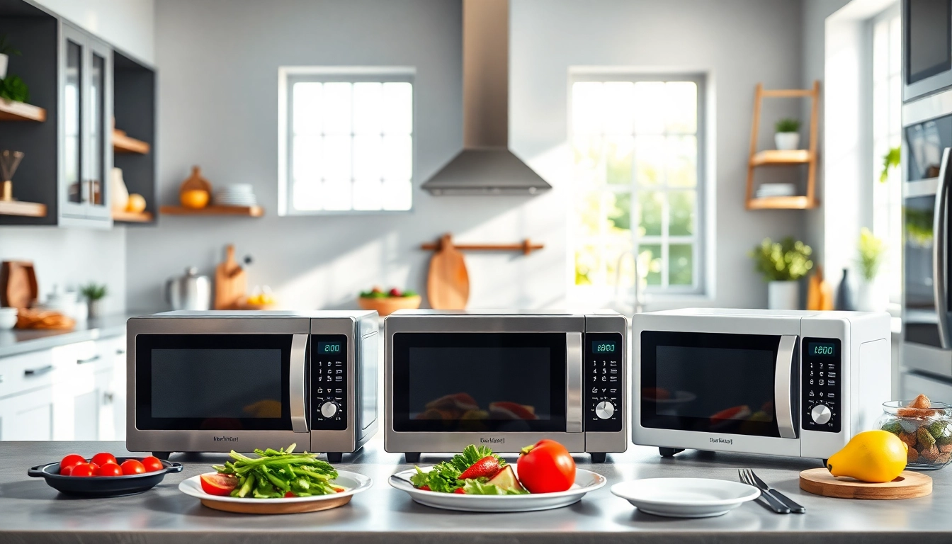 Showcase of microwave oven sales in a modern kitchen environment featuring various designs.