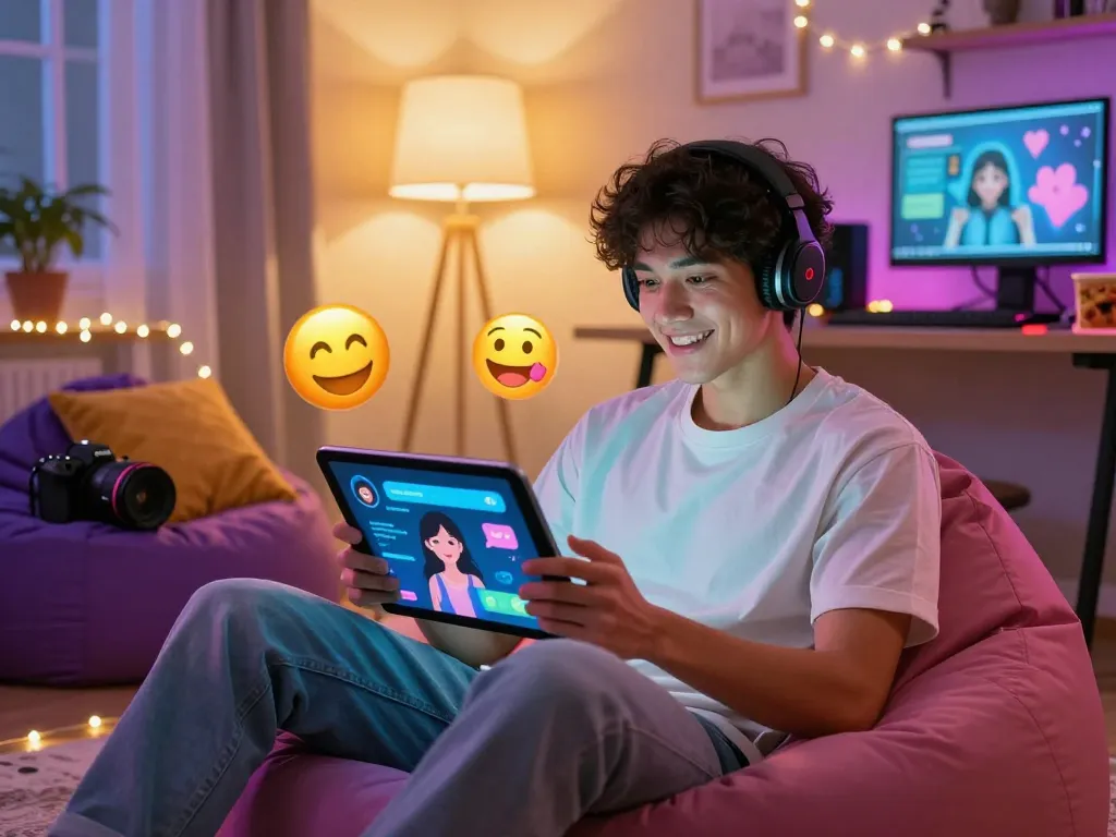 Engaging with an AI gf chatbot in a cozy digital environment.