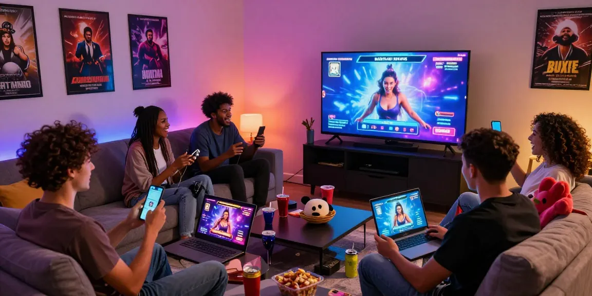 Group enjoying online sex games with laptops and tablets in a cozy setting