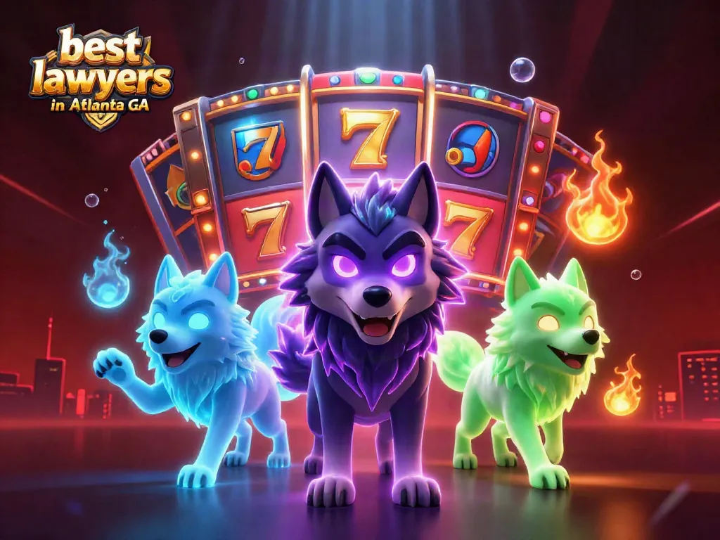 Engaging scene with fantasy wolves among vibrant casino elements, showcasing best criminal lawyers in Atlanta GA strategies.
