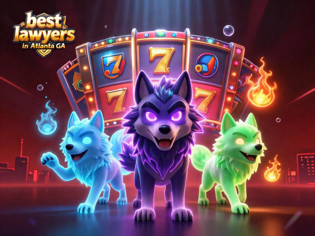 Engaging scene with fantasy wolves among vibrant casino elements, showcasing best criminal lawyers in Atlanta GA strategies.