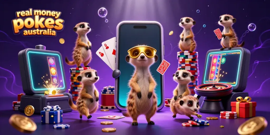 Experience real money pokies in Australia with an adventurous meerkat casino scene showcasing vivid gaming elements.