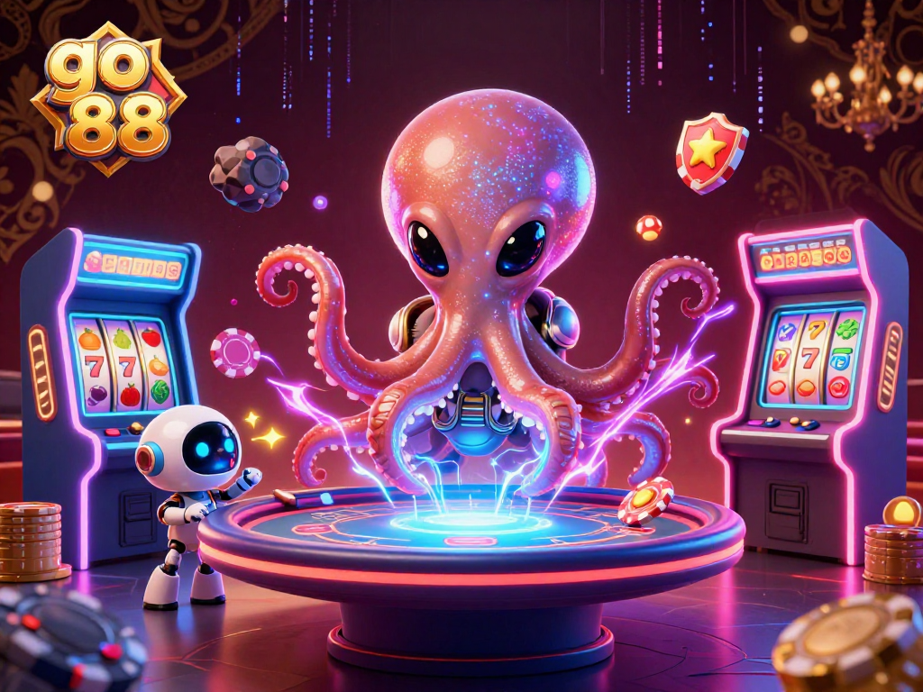 Engage in go 88 action at a vibrant alien poker table with whimsical characters in a 3D illustration.