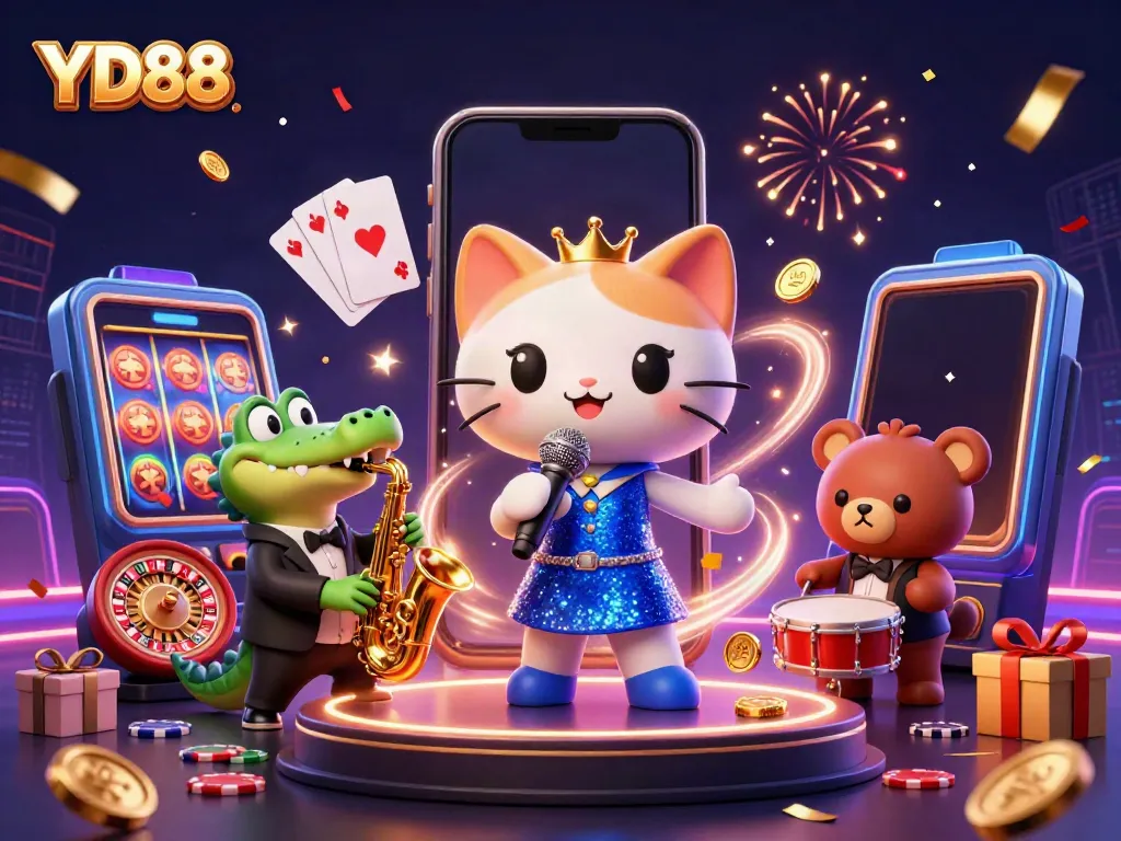 Experience the excitement of YD88 with a vibrant 3D casino scene featuring lively characters and dynamic gaming elements.
