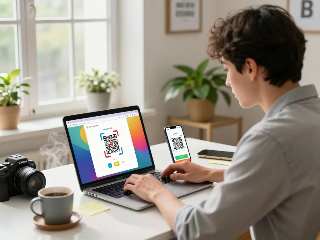 Using a free QR code scanner on a laptop with smartphone beside, showcasing a bright home workspace.