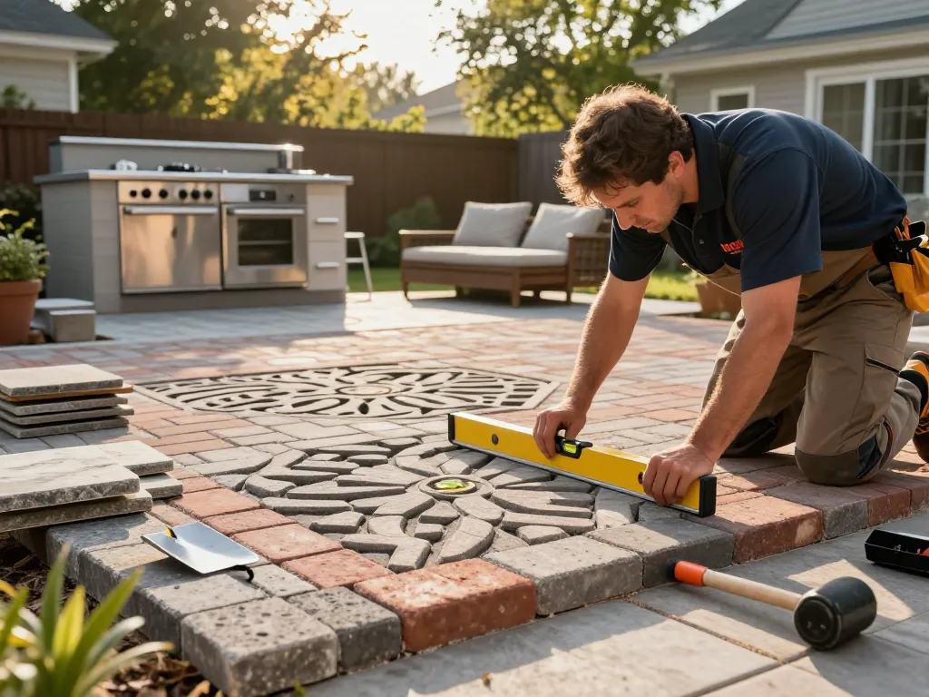 Contractor installing stylish brick pavers near me in a backyard, showcasing quality craftsmanship and outdoor design.