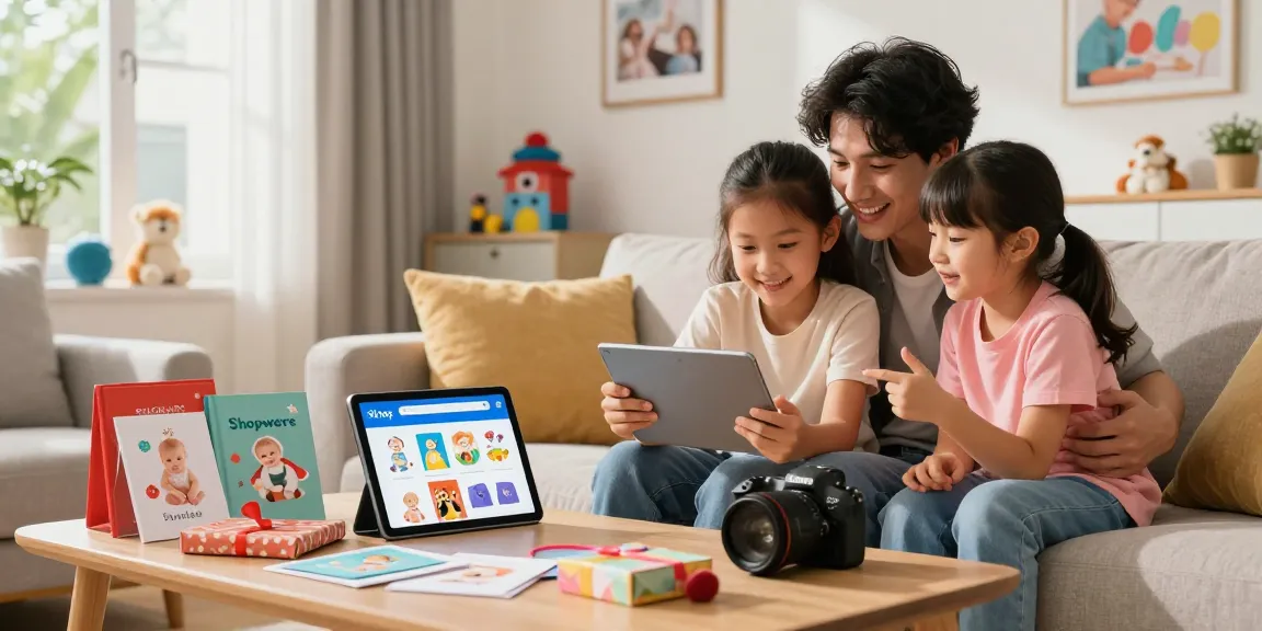 Engaged family exploring Shopware Shops for unique baby albums and gift ideas.
