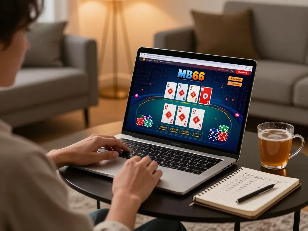 Player strategizing on MB66 online casino platform with laptop in cozy home setting.