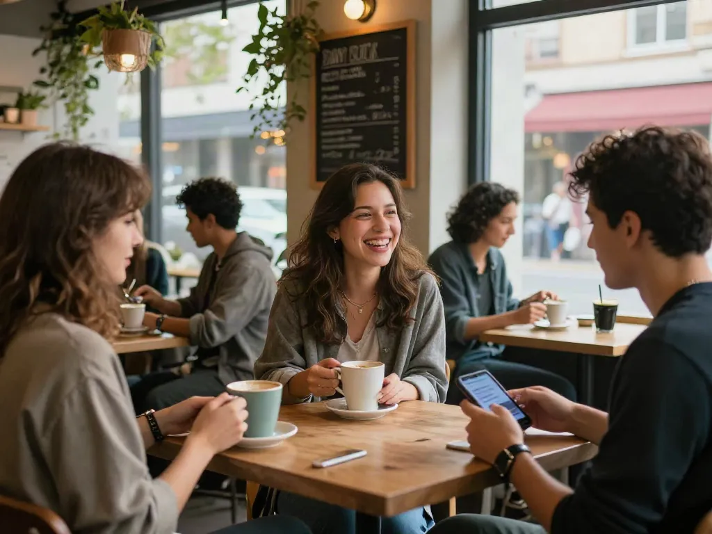 Friends enjoying drinks and laughter at a café representing rokok88 culture.