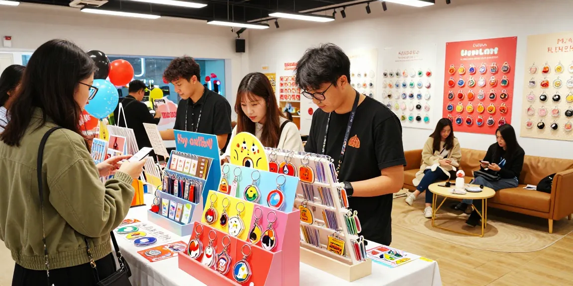 Custom acrylic keychain shopping experience with vibrant display, friendly interactions, and colorful designs.