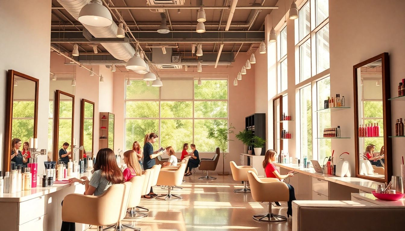 Best salons in city showcasing a lively, modern interior with stylists and clients enjoying premium beauty services.