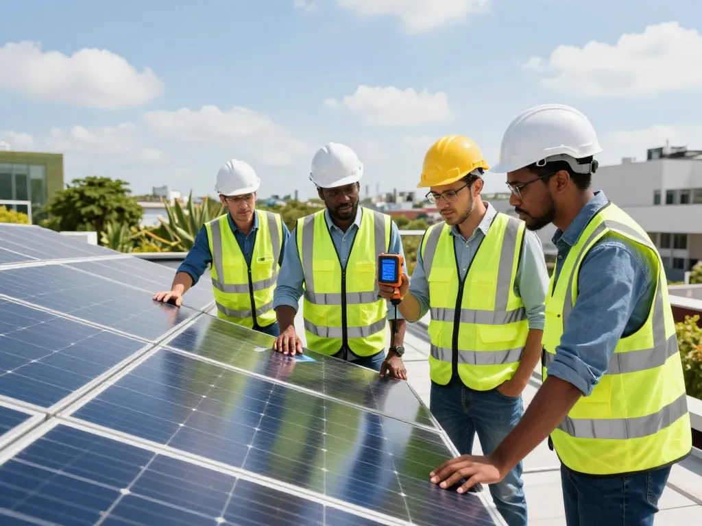 Professionals discussing the CO2-Fußabdruck von PV-Modulen at a solar panel installation on a rooftop with green surroundings.
