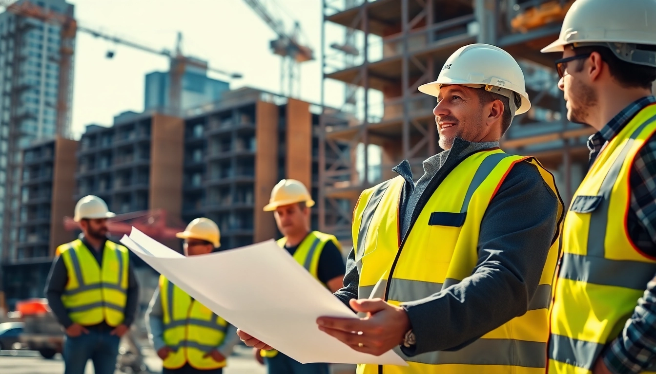 New York Construction Manager collaborating with his team on-site, planning construction projects.