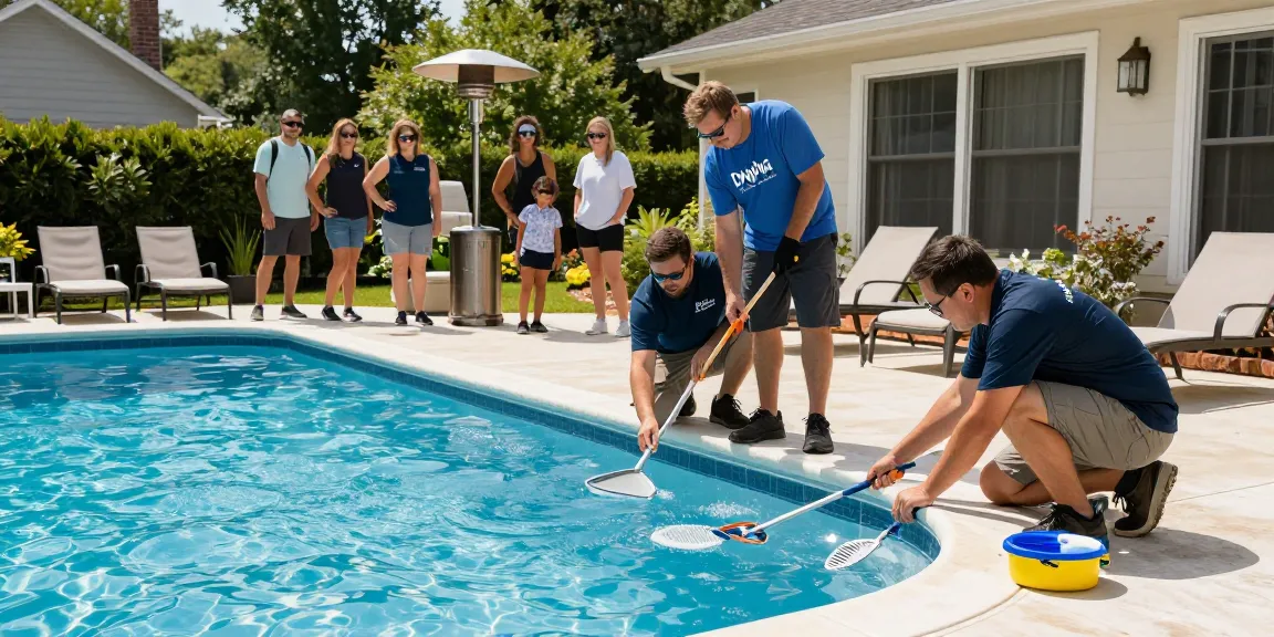 Dolphin Pool Services professionals providing pool maintenance at a Virginia residence, emphasizing quality care and expertise.