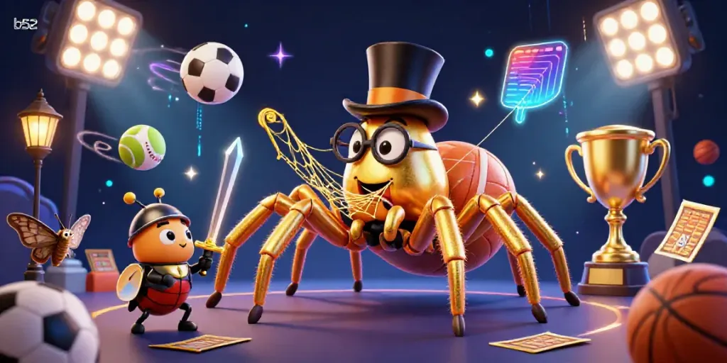 B52 Club's vibrant gaming universe with a golden tarantula, beetle knight, and dynamic sports elements.